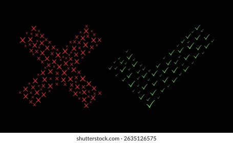 Red cross symbol and a green check mark symbol, both composed of smaller shapes, set against a black background.