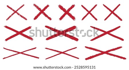 Red cross vector mark. Paint brushed crayon symbol of check. Hand drawn grunge sign of check, stamp of false and ban isolated on white background. Danger graffiti graphic logo.