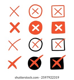 Red Cross x Forbidden Sign Set. Check Mark Wrong Cancel Symbol Collection. Negative Tick Error Icon. Vector Illustration