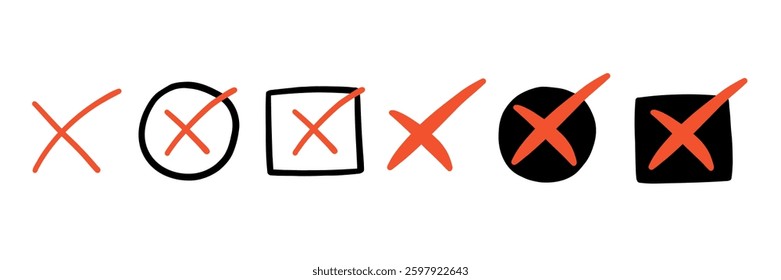 Red Cross x Forbidden Sign Doodle Set. Check Mark Wrong Cancel Symbol Collection. Negative Tick Error Icon. Vector Illustration