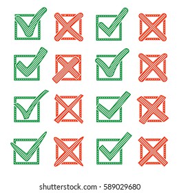 Red cross X and green hook V with hatching, in checkbox. Yes No icons for highlight selection. Vector set