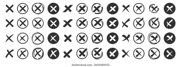 Red Cross X Icon Set. Cancel, Error, No, Wrong and Rejected Symbols Isolated on Transparent Background