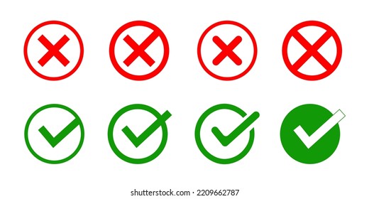 Red cross x vector icon and Green Check mark. Green sign of consent. Red wrong mark. Yes sing. No wrong symbol.