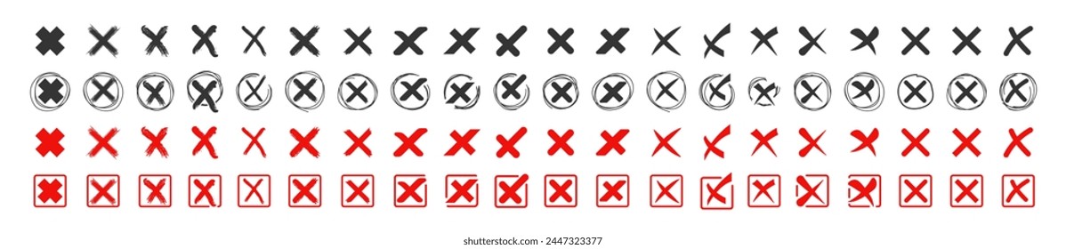 Red cross x vector icon set. No wrong symbol. Delete, vote sign. Tick symbol in red color