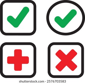 Red cross x vector icon and Green Check mark. Green sign of consent. Red wrong mark. Yes sing. No wrong symbol.