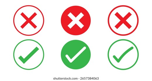 Red cross x vector icon and Green Check mark. Green sign of consent. Red wrong mark. Yes sing. No wrong symbol.