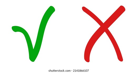 Red cross x wrong sign rejected and green check mark tick icon approval confirmation hand drawn