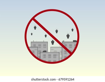 Red crossed circle. In it, the city to which bombs are falling. No war. Vector.
