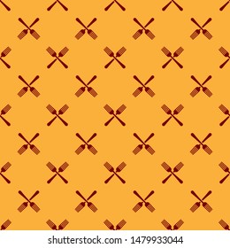 Red Crossed fork icon isolated seamless pattern on brown background. Cutlery symbol.  Vector Illustration