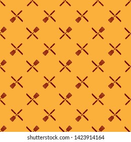 Red Crossed fork and knife icon isolated seamless pattern on brown background. BBQ fork and knife sign. Barbecue and grill tools. Vector Illustration