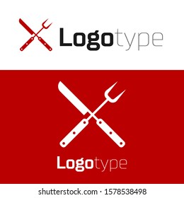Red Crossed fork and knife icon isolated on white background. BBQ fork and knife sign. Barbecue and grill tools. Logo design template element. Vector Illustration
