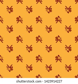 Red Crossed fork and spatula icon isolated seamless pattern on brown background. Fire flame sign. BBQ fork and spatula sign. Barbecue and grill tools. Vector Illustration