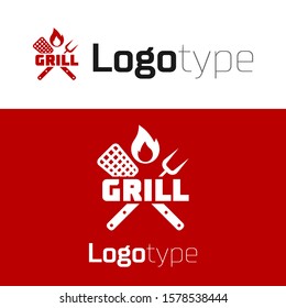 Red Crossed fork and spatula icon isolated on white background. Fire flame sign. BBQ fork and spatula sign. Barbecue and grill tools. Logo design template element. Vector Illustration