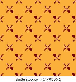Red Crossed fork and spoon icon isolated seamless pattern on brown background. Cooking utensil. Cutlery sign.  Vector Illustration