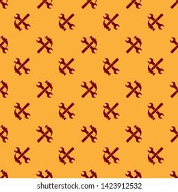 Red Crossed hammer and wrench icon isolated seamless pattern on brown background. Hardware tools.  Vector Illustration