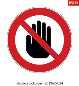 Red crossed out circle sign with big black hand icon inside. Vector illustration of prohibition traffic sign. Absolute stop symbol for any purpose. Access denied. Do not enter. svg