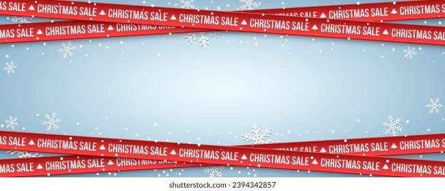 Red crossed ribbons with paper snowflakes on blue background for big Christmas sale. Festive business banner design. Vector illustration. EPS 10.