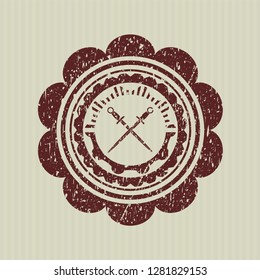 Red crossed swords icon inside distressed rubber grunge texture seal