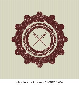 Red crossed swords icon inside rubber texture