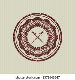 Red crossed swords icon inside distress rubber texture