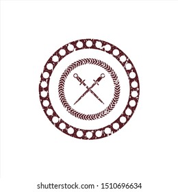 Red crossed swords icon inside distress grunge stamp