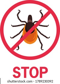 Rojo cruzado garrapata aislado en fondo blanco. Detener icono e inscripción. Información de peligro, ten cuidado, garrapata. Ilustración del vector