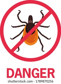 Red crossed tick isolated on white background. Icon and inscription danger. Hazard information, be careful, tick. Vector illustration
