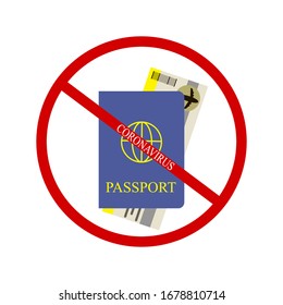 Red crossed-out passport sign with airplane tickets inside. Symbol of the prohibition of incidents during a pandemic, epidemic, the crown of the virus, cove 19. Vector illustration. Stock Photo.