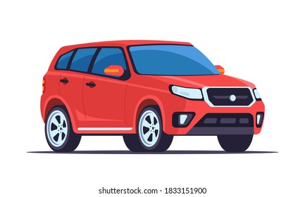 Roter Crossover einzeln auf weißem Hintergrund. Stadtfahrzeuge befördern. Seite und Vorderansicht des Autos. Vektorgrafik im Flachstil.