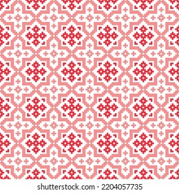 Red cross-stitch knitting pattern on white background. Red square dots on white backdrop. Monochrome fabric pattern design for sale. Knitting handicraft art.