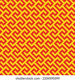 Red cross-stitch knitting pattern on yellow background. Red square dots on yellow backdrop. Monochrome fabric pattern design for sale. Knitting handicraft art.
