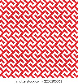 Red cross-stitch knitting pattern on white background. Red square dots on white backdrop. Monochrome fabric pattern design for sale. Knitting handicraft art.