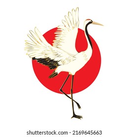 Red crowned crane flaps wings cartoon vector illustration. Mating dance of birds