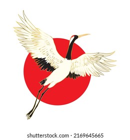 Red crowned crane flaps wings cartoon vector illustration. Mating dance of birds