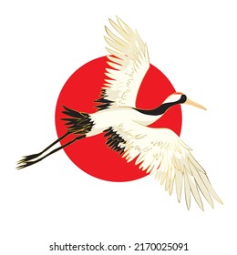 Red crowned crane flaps wings cartoon vector illustration. Mating dance of birds