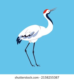 Red Crowned Crane as Long-legged and Long-necked Bird Standing on Blue Background Vector Illustration