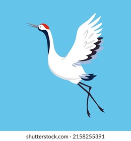 Red Crowned Crane as Long-legged and Long-necked Bird Flying with Spread Wings on Blue Background Vector Illustration