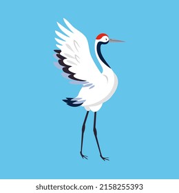 Grúa de coronado rojo como pájaro de largo alcance y cuello de larga distancia de pie con alas extendidas en vectores de fondo azul Ilustración