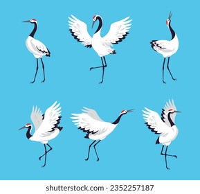 Red Crowned Crane as Long-legged and Long-necked Bird in Different Pose Vector Set