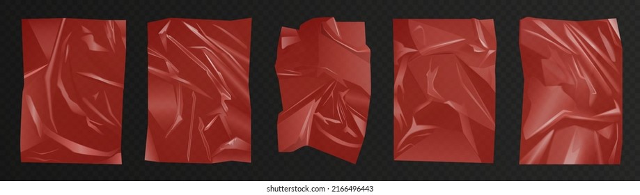 Red crumpled polyethylene, plastic film set vector illustration. 3d glue paper sheet, cellophane for package or bag with wrinkles and shiny effect, elastic wrapper mockup on transparent background