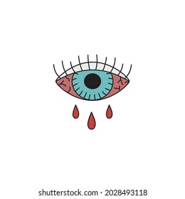 Ilustración del vector del ojo de llanto rojo. Ojo azul con latigazos y lágrimas sangrientas rojas. Dibujo manual aislado.