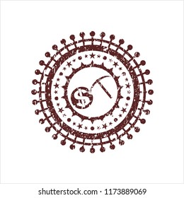 Red cryptocurrency mining icon inside rubber grunge texture seal