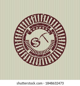 Red cryptocurrency mining icon inside rubber stamp with grunge texture. 