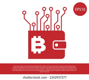 Red Cryptocurrency wallet icon isolated on white background. Wallet and bitcoin sign. Mining concept. Money, payment, cash, pay icon. Vector Illustration