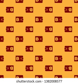 Red Cryptocurrency wallet icon isolated seamless pattern on brown background. Wallet and bitcoin sign. Mining concept. Money, payment, cash, pay icon. Flat design. Vector Illustration