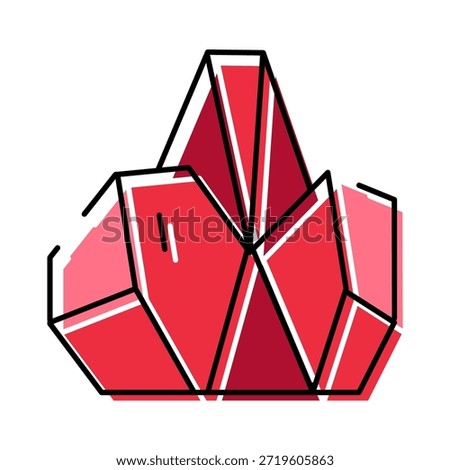 Red crystal cluster formation illustrating a vibrant precious gem with faceted surfaces and geometric lines, representing natural resources, geology, and valuable minerals