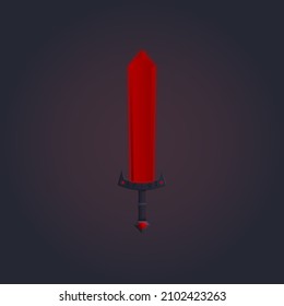 Red crystal fantasy sword, weapon with magic runes and gems in handle. Vector cartoon of fantasy sword for game interface isolated on background.
