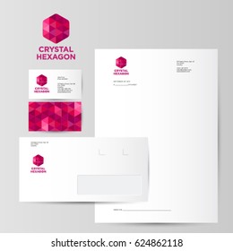 Red crystal hexagon logo. Identity. Blank, envelope, business cards.