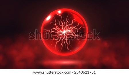 Red crystal magic ball, mystic prophecy orb with lightning inside, oracle sphere with sparkling stars and electric charge. Fantasy vector illustration.