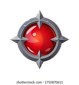Red crystal in an old metal frame. Game magic crystal. Vector illustration.